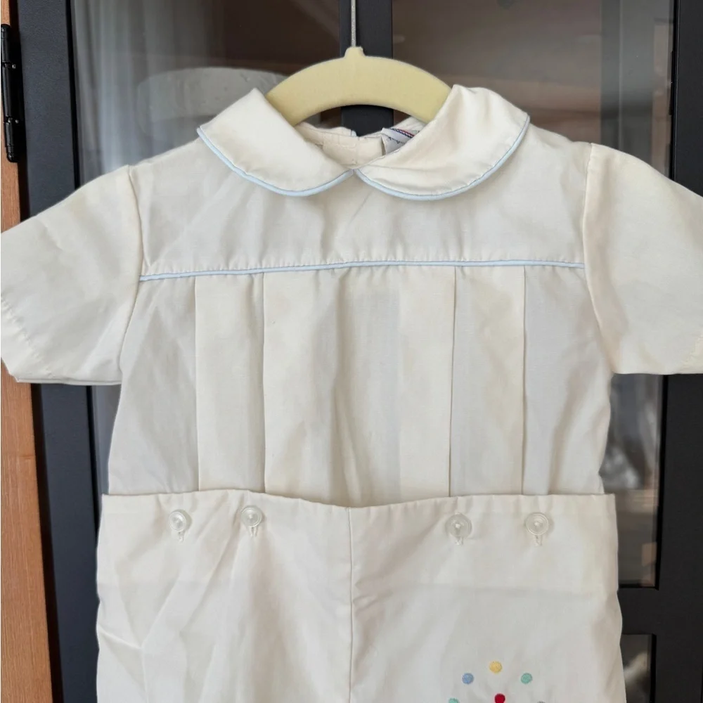 Vintage Petit Ami clown embroidered pintuck bobby suit pique shortall baby boy